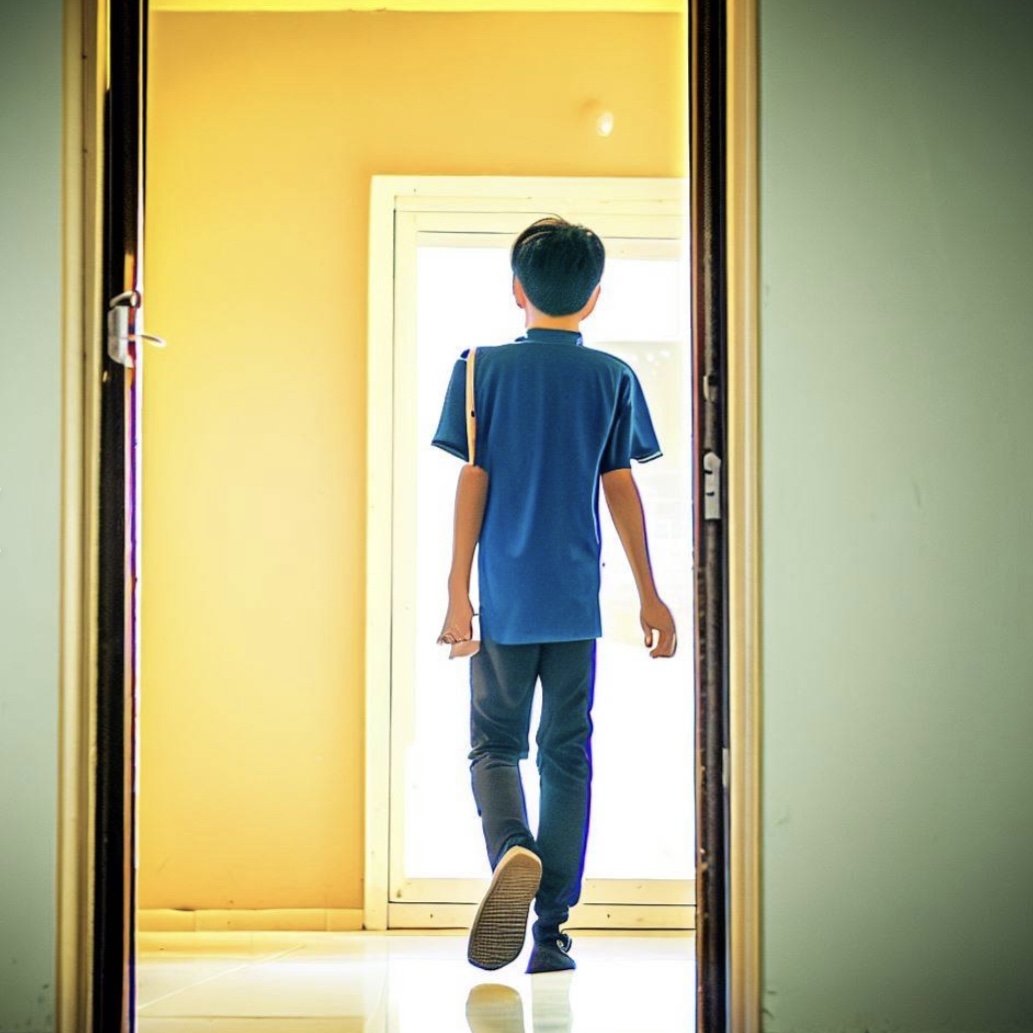 Teenage boy walks through door into the Backrooms.