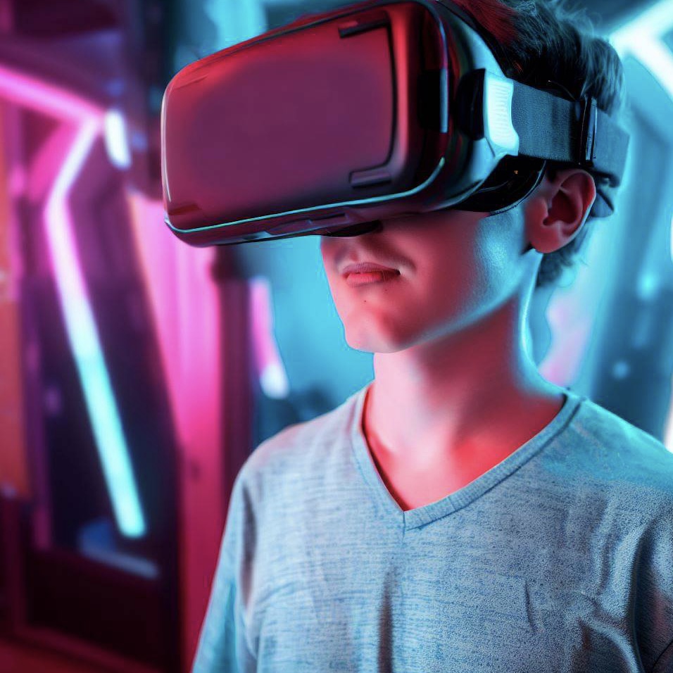 Boy wearing a vr headset in a neon arcade.