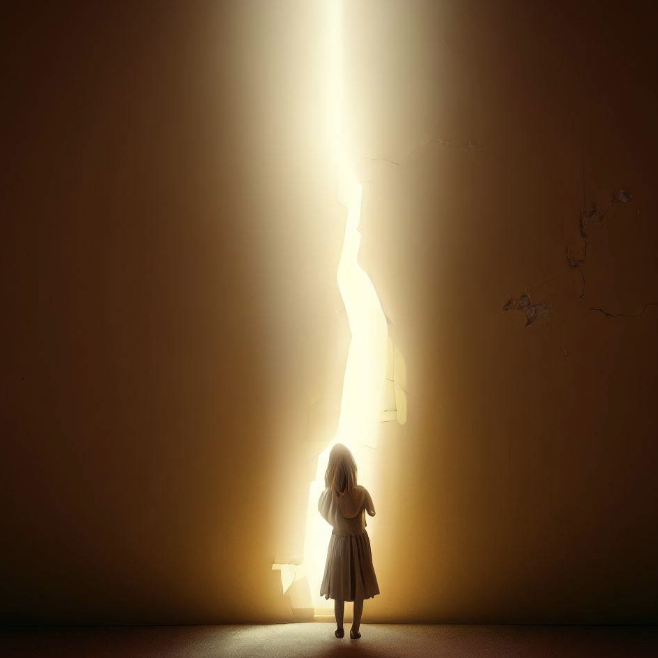 Girl looking through a crack in the wall of a giant yellow room.