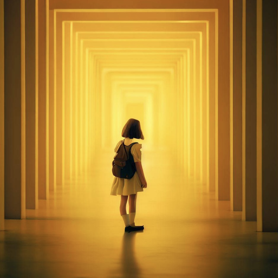 Girl walking down and endless, yellow hall.